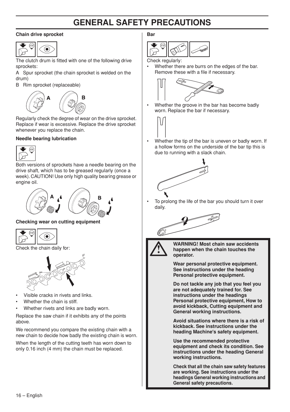 General safety precautions | Husqvarna 359 EPA III User Manual | Page 16 / 44