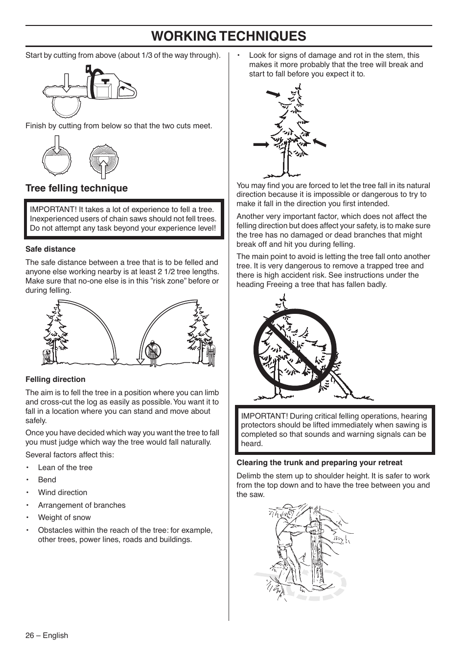 Tree felling technique, Working techniques | Husqvarna 359 EPA III User Manual | Page 26 / 44