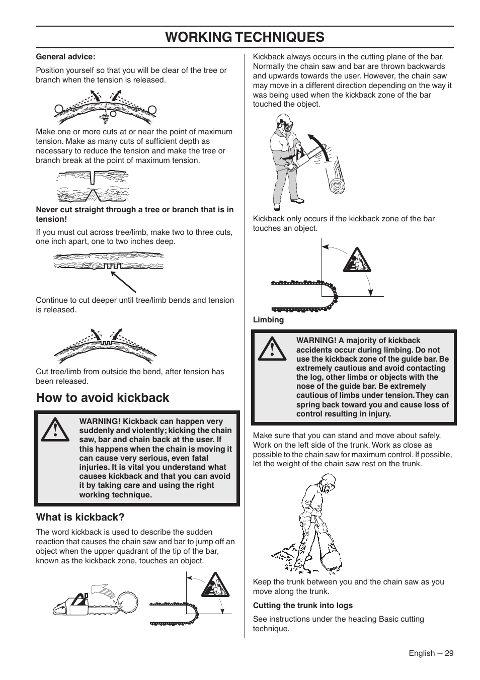 How to avoid kickback, What is kickback, Working techniques | Husqvarna 359 EPA III User Manual | Page 29 / 44