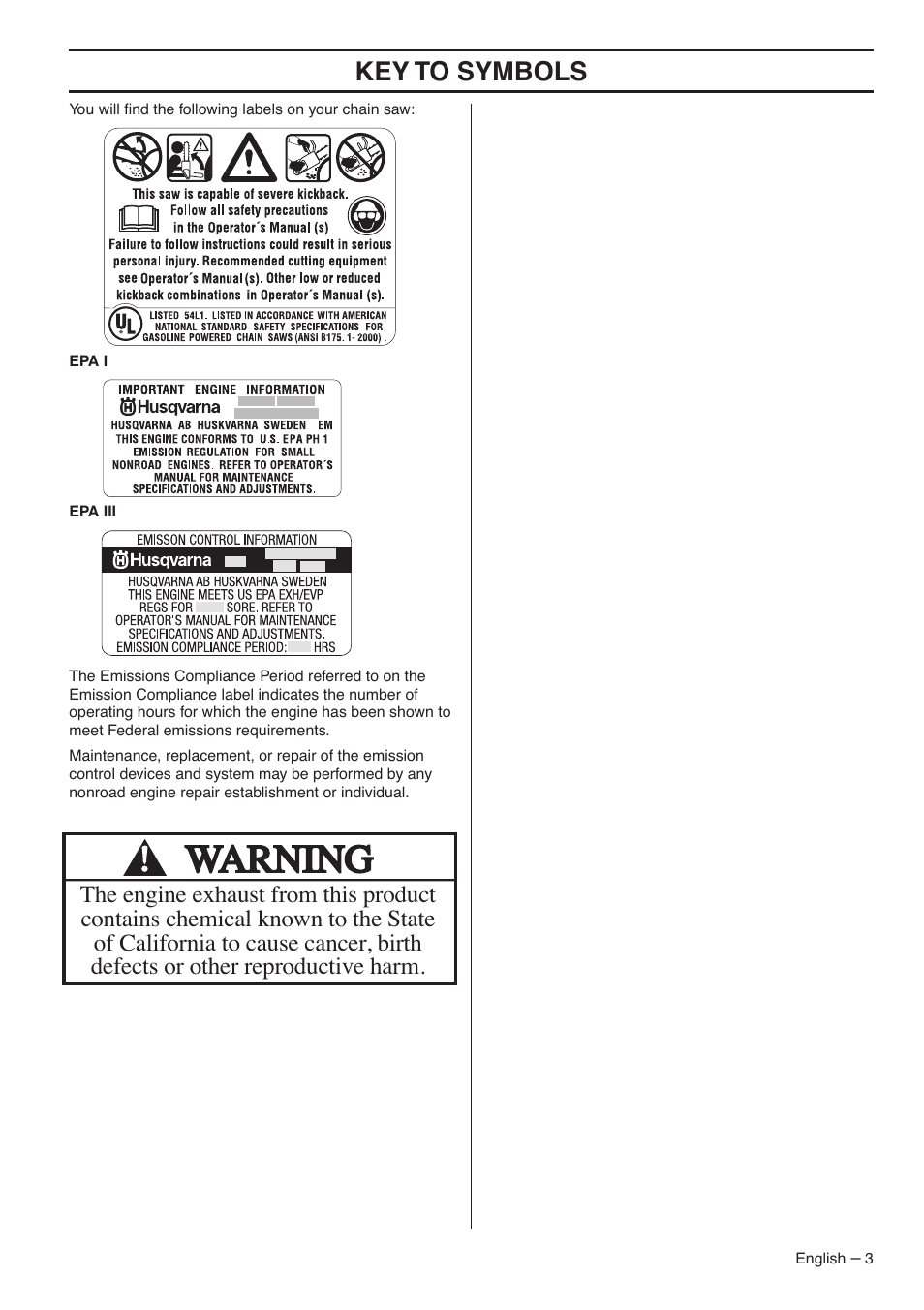 Key t o symbols | Husqvarna 359 EPA III User Manual | Page 3 / 44