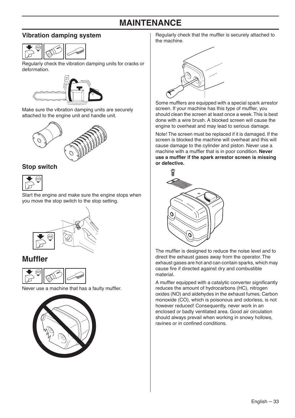 Vibration damping system, Stop switch, Muffler | Maintenance, Mufﬂer | Husqvarna 359 EPA III User Manual | Page 33 / 44