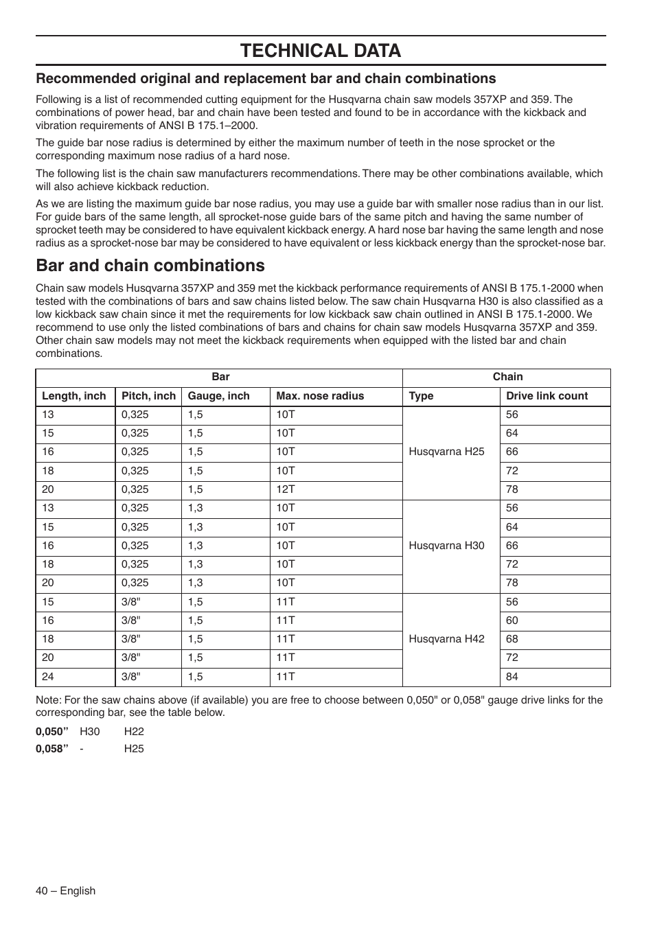 Bar and chain combinations, Technical data | Husqvarna 359 EPA III User Manual | Page 40 / 44