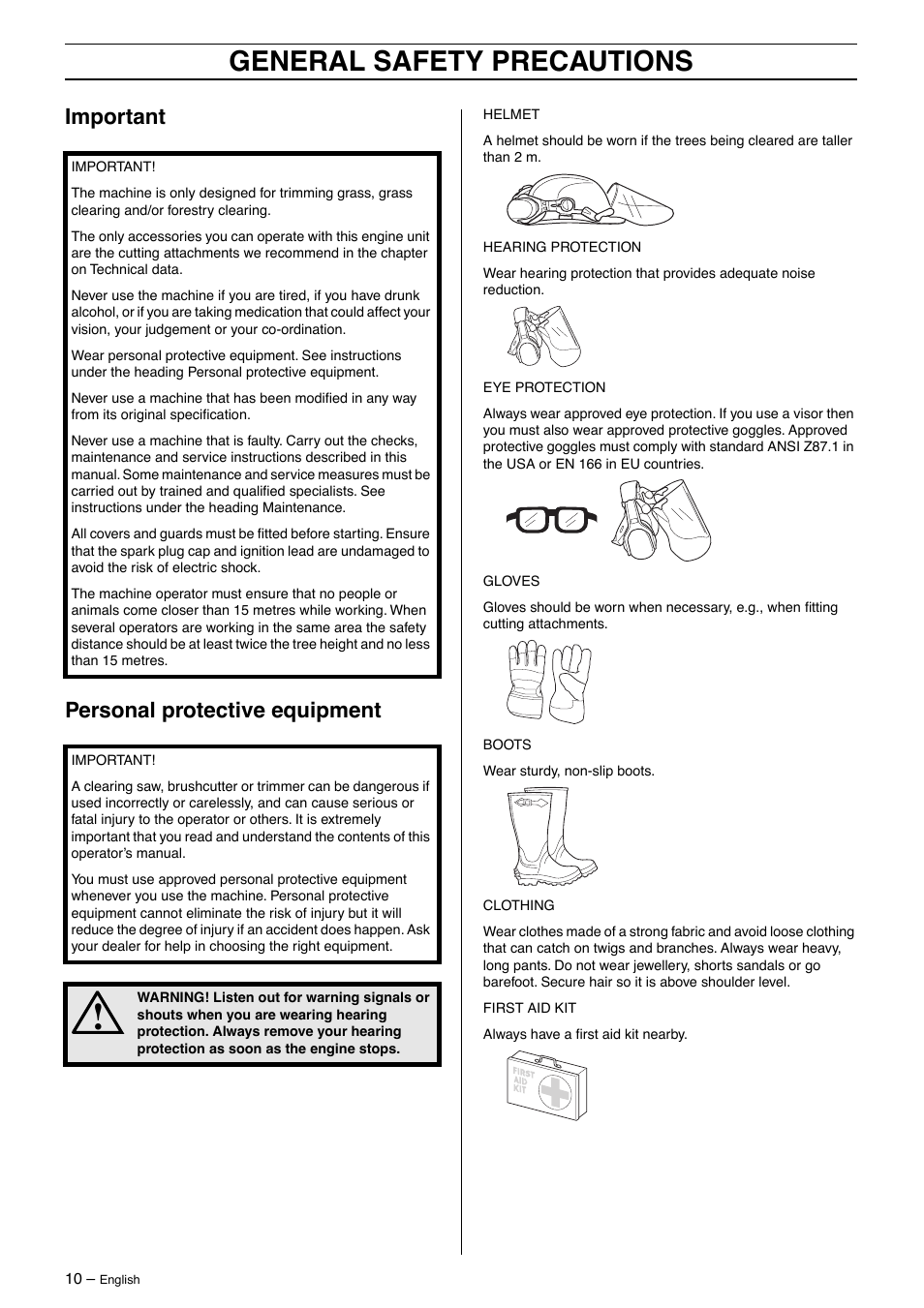 Important, Personal protective equipment, General safety precautions | Important personal protective equipment | Husqvarna 250R User Manual | Page 10 / 48