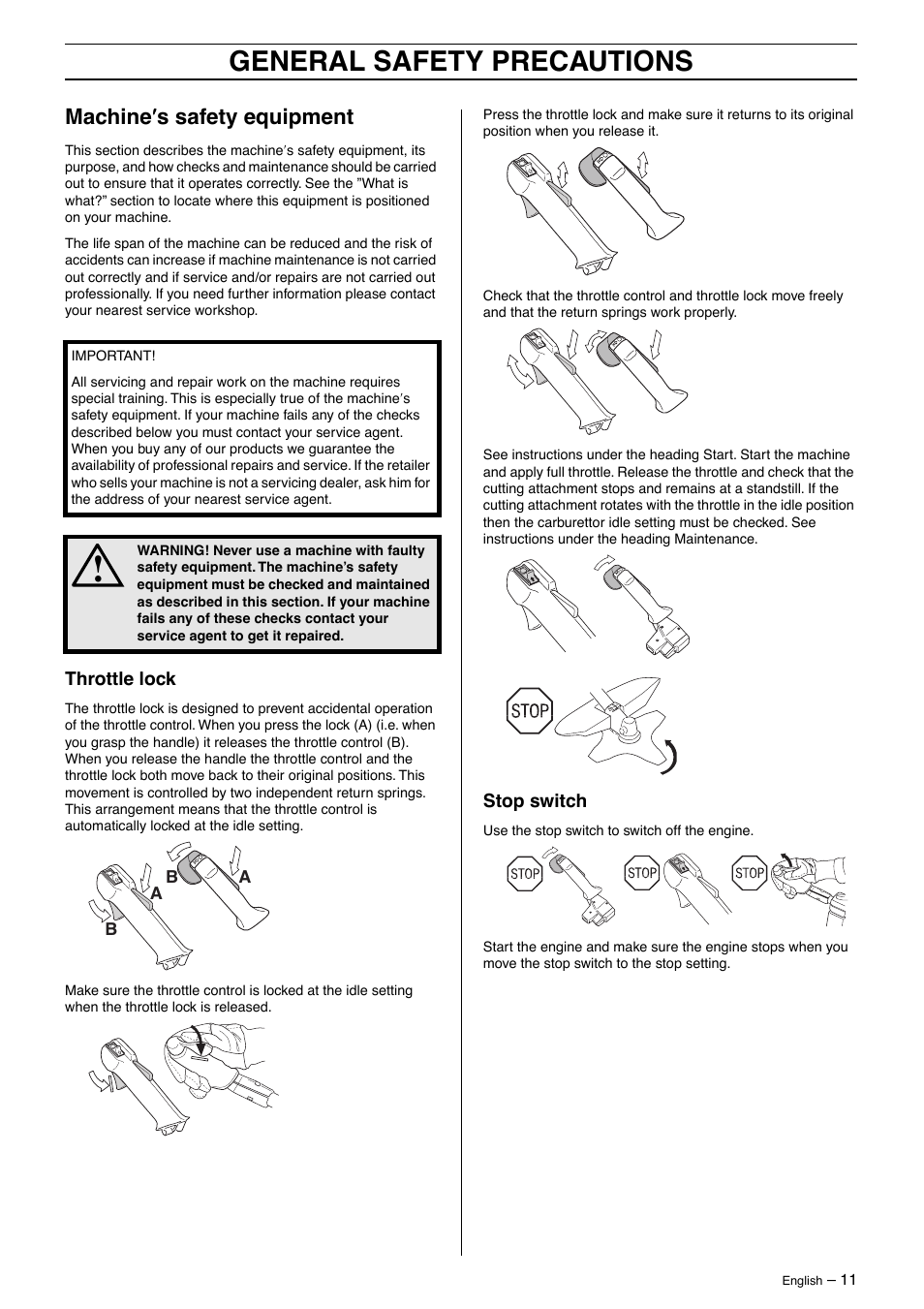 Machine¢s safety equipment, Throttle lock, Stop switch | General safety precautions, Machine ′′′′ s safety equipment | Husqvarna 250R User Manual | Page 11 / 48