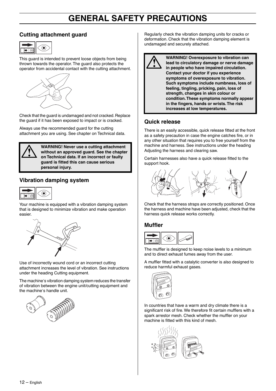 Cutting attachment guard, Vibration damping system, Quick release | Muffler, General safety precautions | Husqvarna 250R User Manual | Page 12 / 48