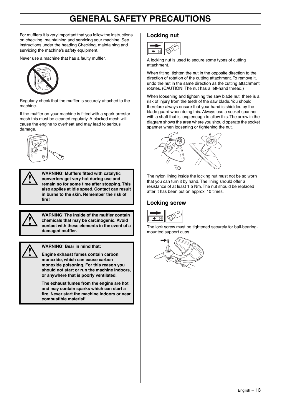 Locking nut, Locking screw, General safety precautions | Husqvarna 250R User Manual | Page 13 / 48