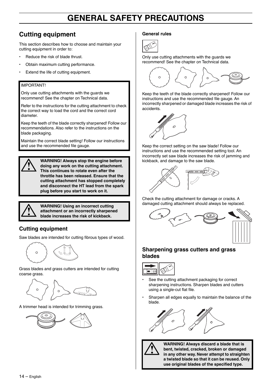 Cutting equipment, Sharpening grass cutters and grass blades, General safety precautions | Husqvarna 250R User Manual | Page 14 / 48