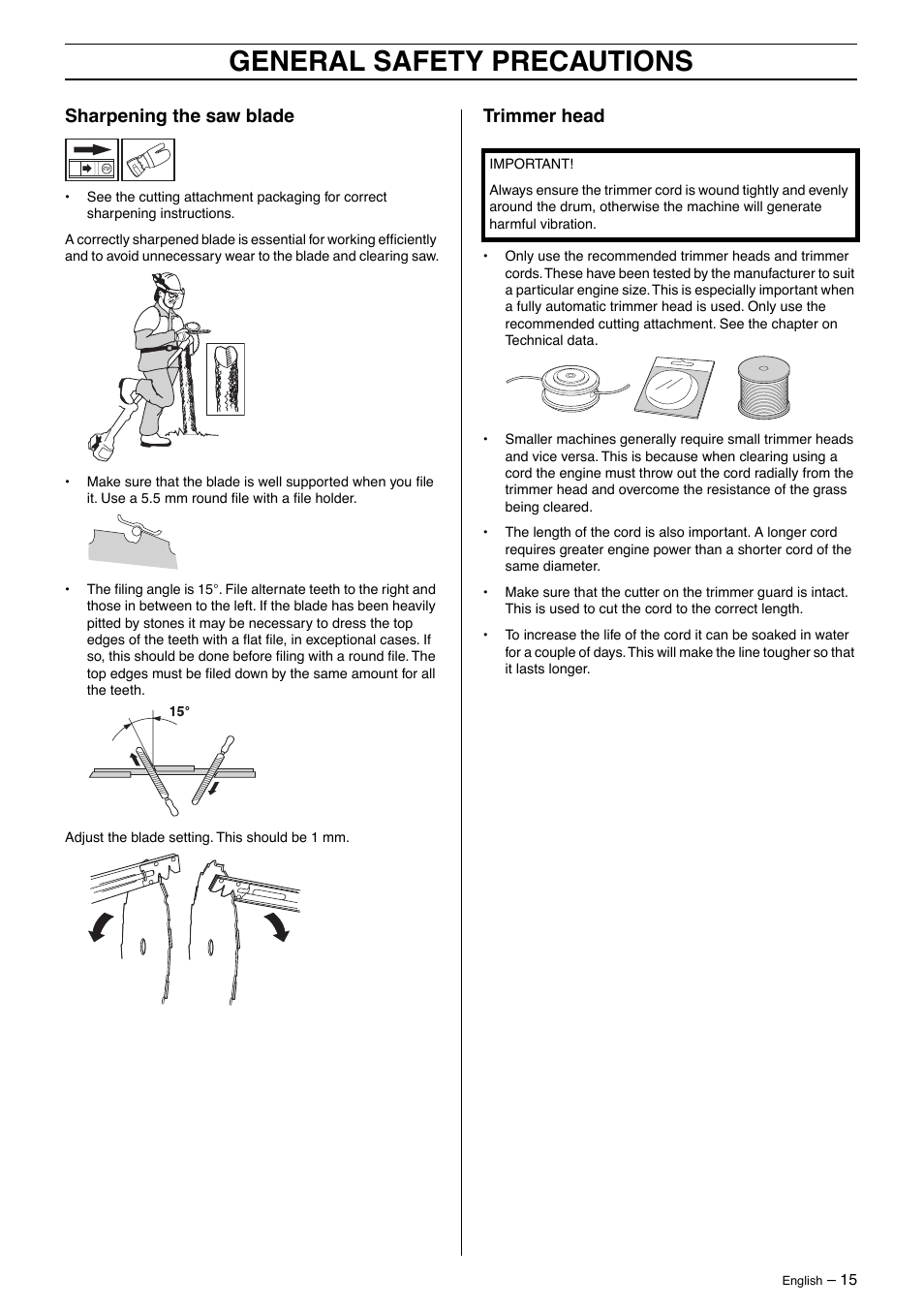 Sharpening the saw blade, Trimmer head, General safety precautions | Husqvarna 250R User Manual | Page 15 / 48