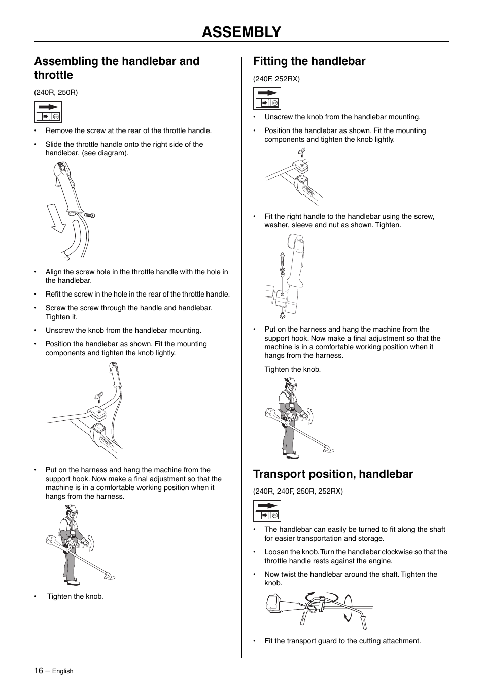 Assembling the handlebar and throttle, Fitting the handlebar, Transport position, handlebar | Assembly | Husqvarna 250R User Manual | Page 16 / 48
