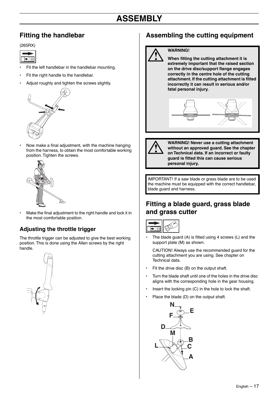 Fitting the handlebar, Adjusting the throttle trigger, Assembling the cutting equipment | Assembly | Husqvarna 250R User Manual | Page 17 / 48