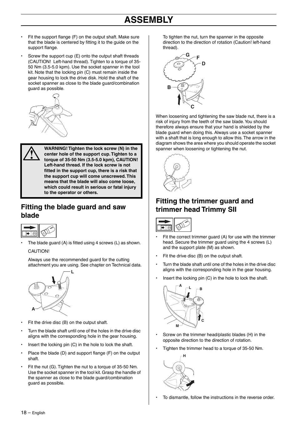 Fitting the blade guard and saw blade, Assembly | Husqvarna 250R User Manual | Page 18 / 48
