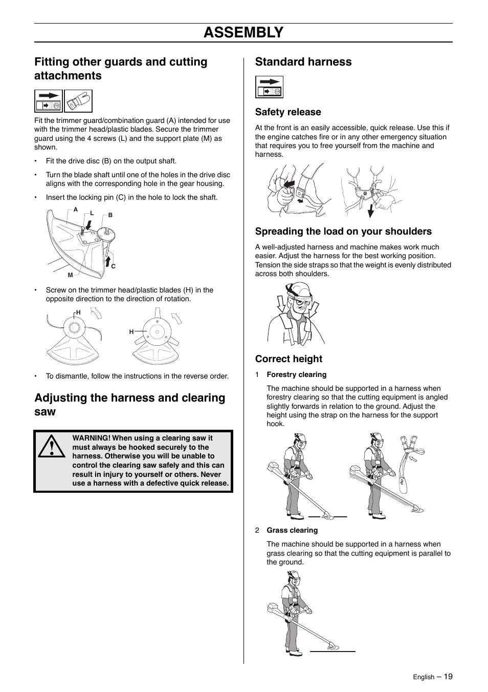 Fitting other guards and cutting attachments, Adjusting the harness and clearing saw, Standard harness | Safety release, Spreading the load on your shoulders, Correct height, Assembly | Husqvarna 250R User Manual | Page 19 / 48