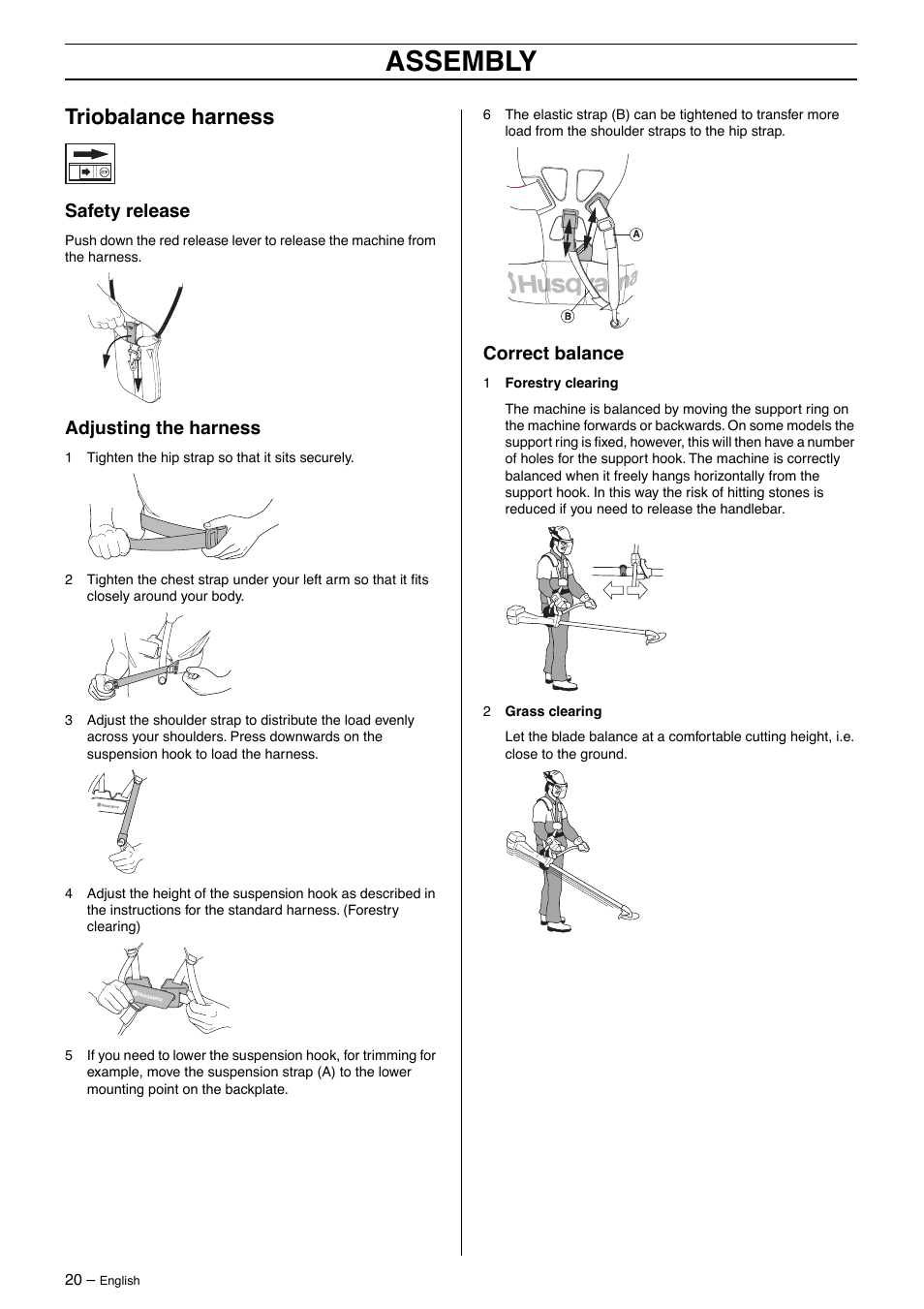 Triobalance harness, Safety release, Adjusting the harness | Correct balance, Assembly | Husqvarna 250R User Manual | Page 20 / 48