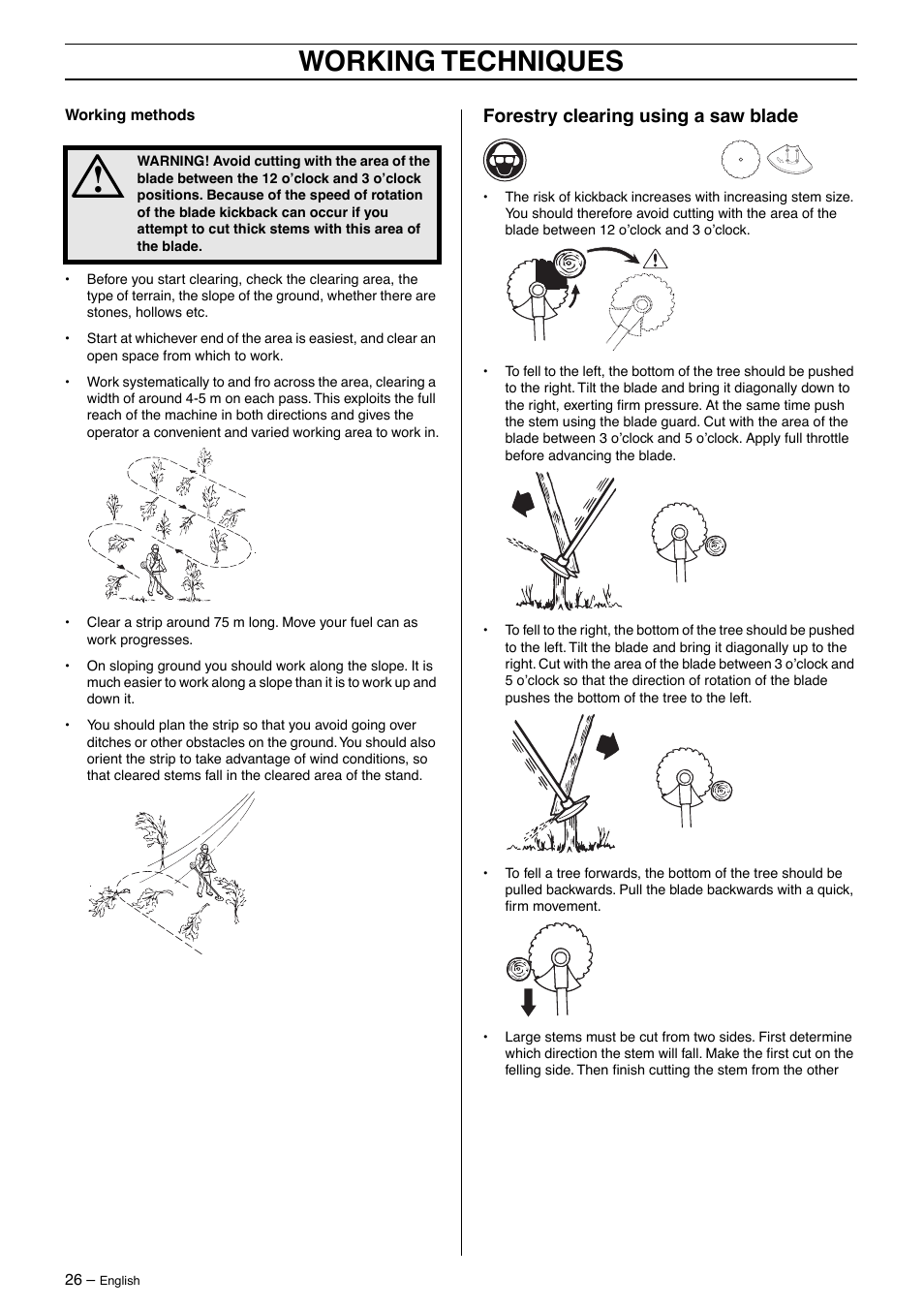 Forestry clearing using a saw blade, Working techniques | Husqvarna 250R User Manual | Page 26 / 48