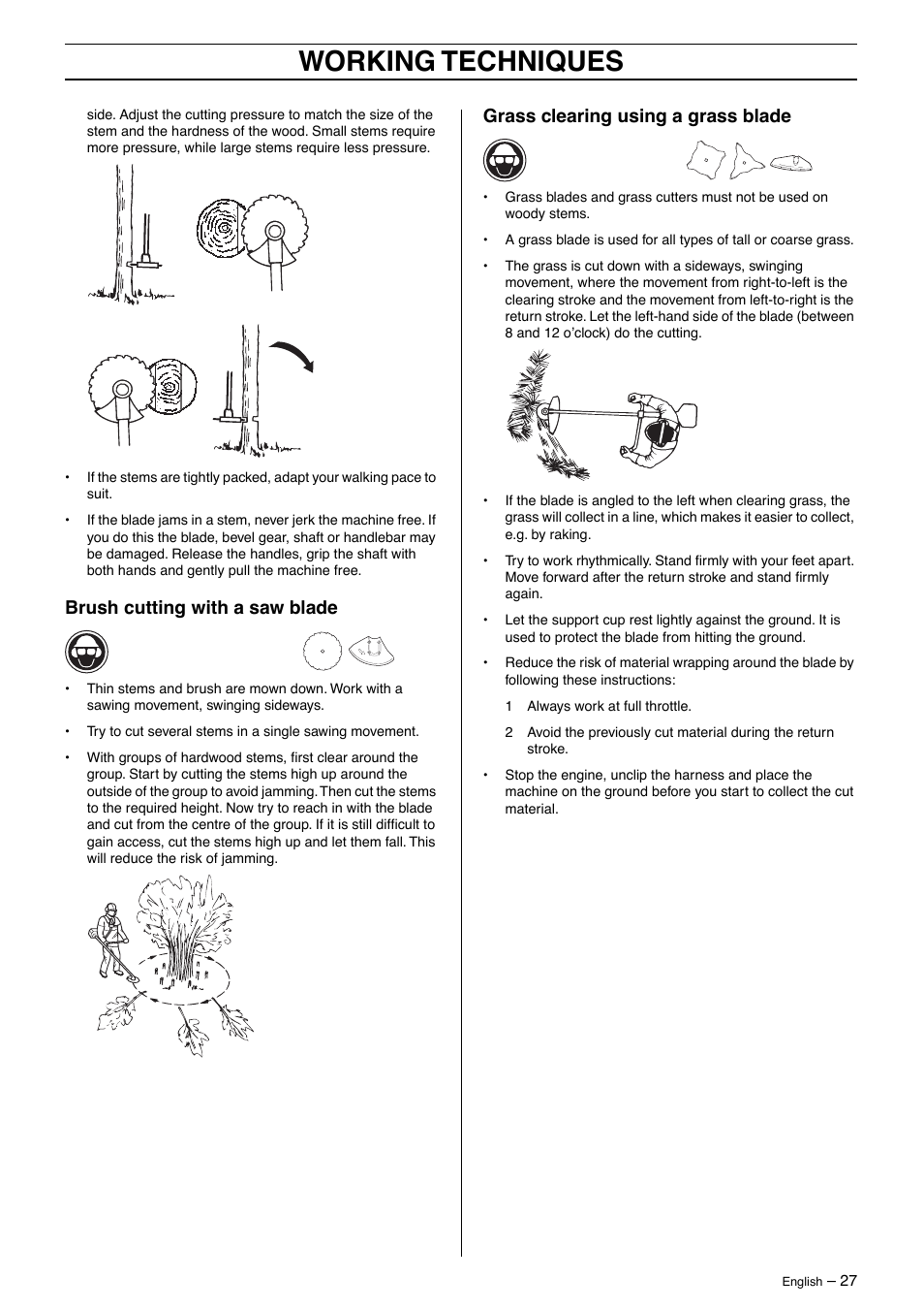 Brush cutting with a saw blade, Grass clearing using a grass blade, Working techniques | Husqvarna 250R User Manual | Page 27 / 48