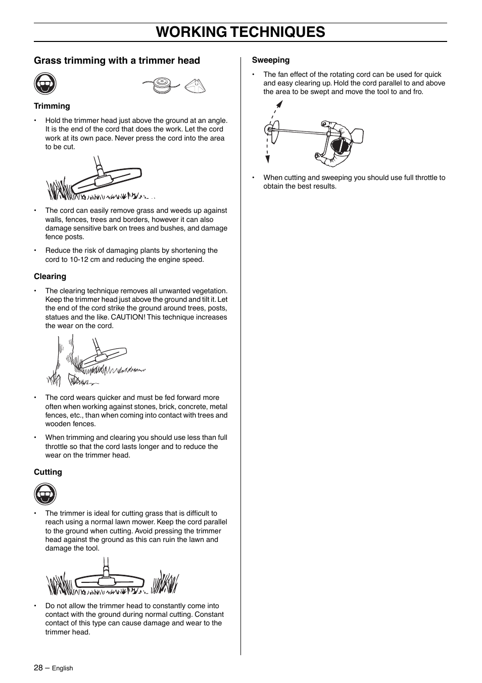Grass trimming with a trimmer head, Working techniques | Husqvarna 250R User Manual | Page 28 / 48