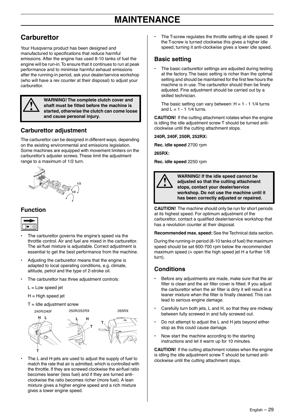 Carburettor, Carburettor adjustment, Function | Basic setting, Conditions, Maintenance | Husqvarna 250R User Manual | Page 29 / 48