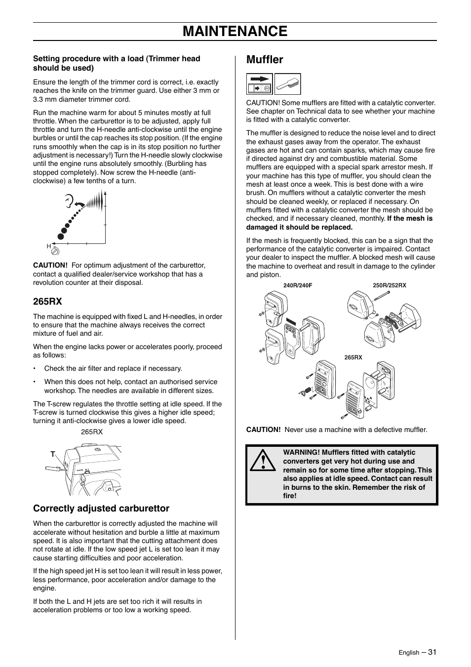 265rx, Correctly adjusted carburettor, Muffler | Maintenance | Husqvarna 250R User Manual | Page 31 / 48