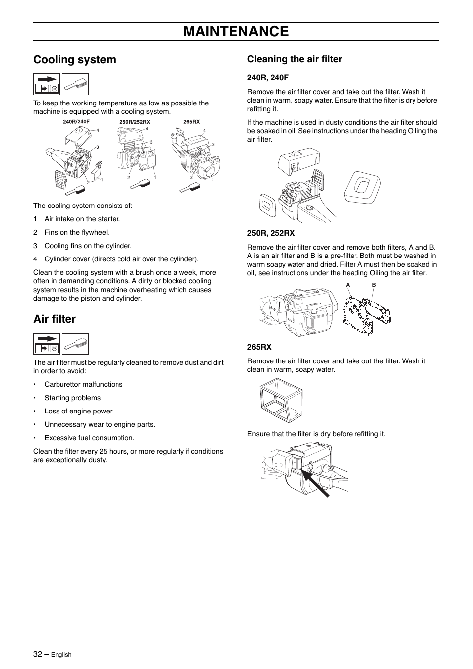 Cooling system, Air filter, Cleaning the air filter | Maintenance | Husqvarna 250R User Manual | Page 32 / 48