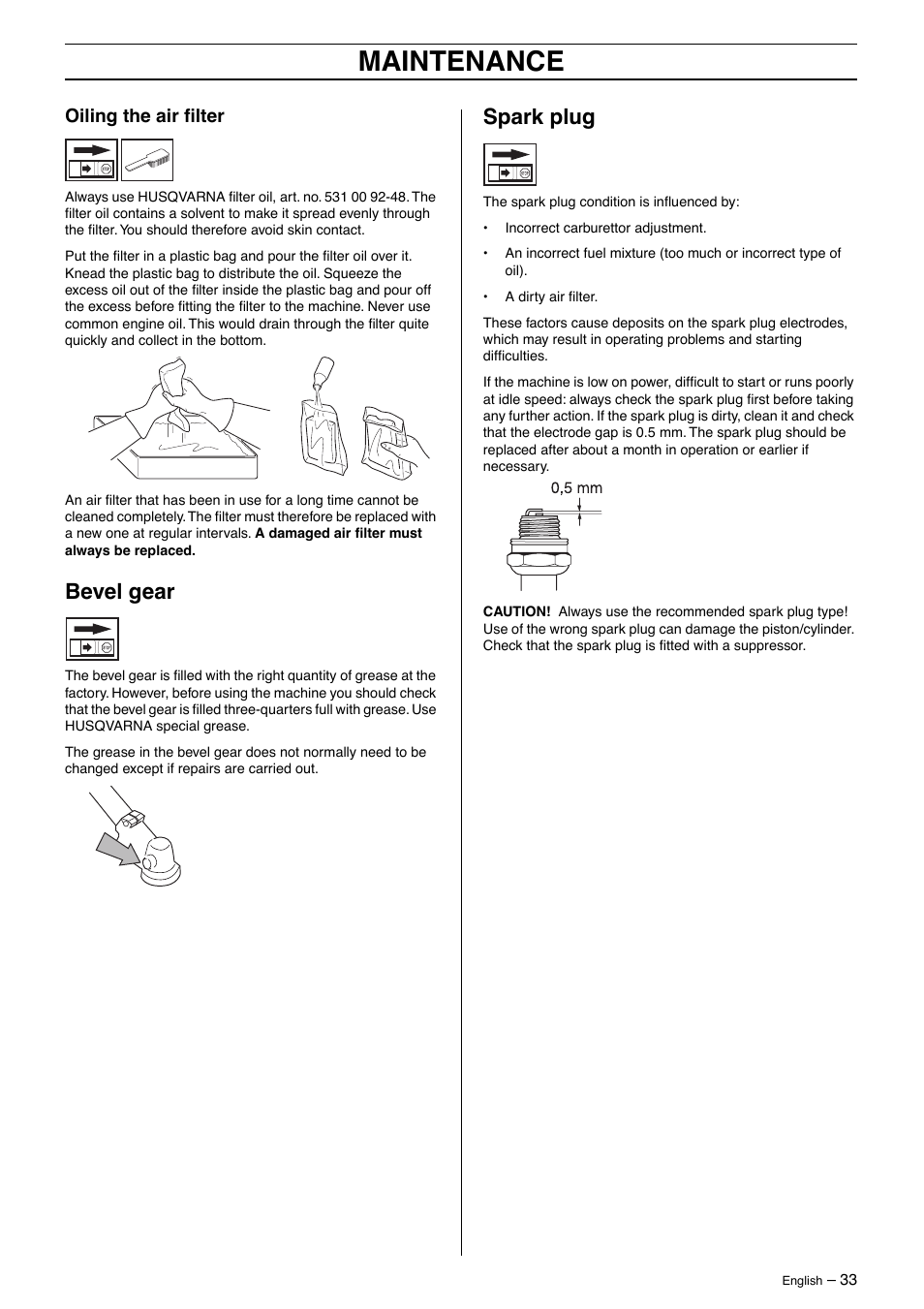 Oiling the air filter, Bevel gear, Spark plug | Maintenance | Husqvarna 250R User Manual | Page 33 / 48