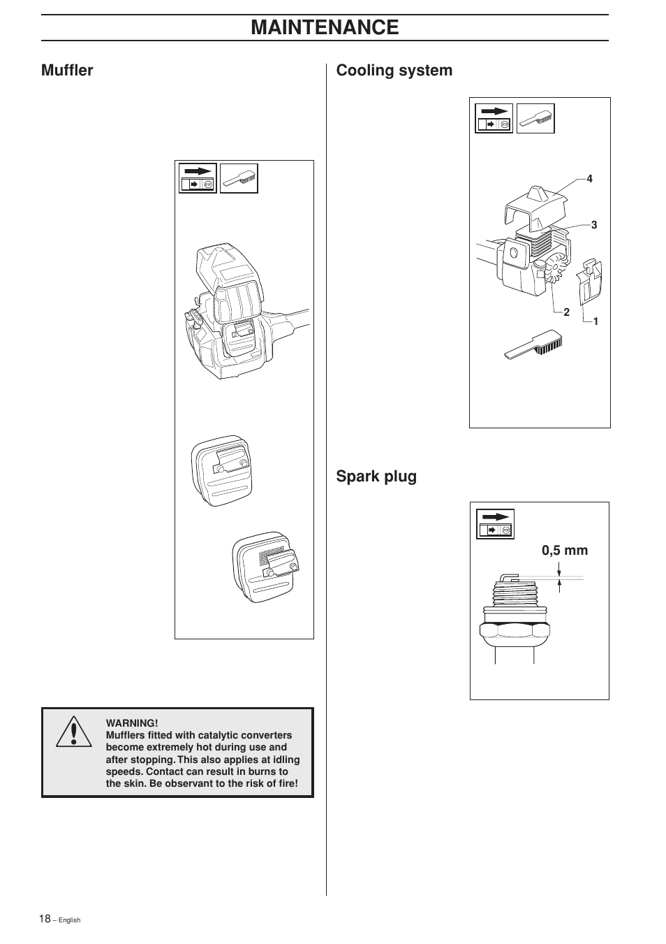 Maintenance, Cooling system, Muffler | Spark plug | Husqvarna 232L User Manual | Page 18 / 32