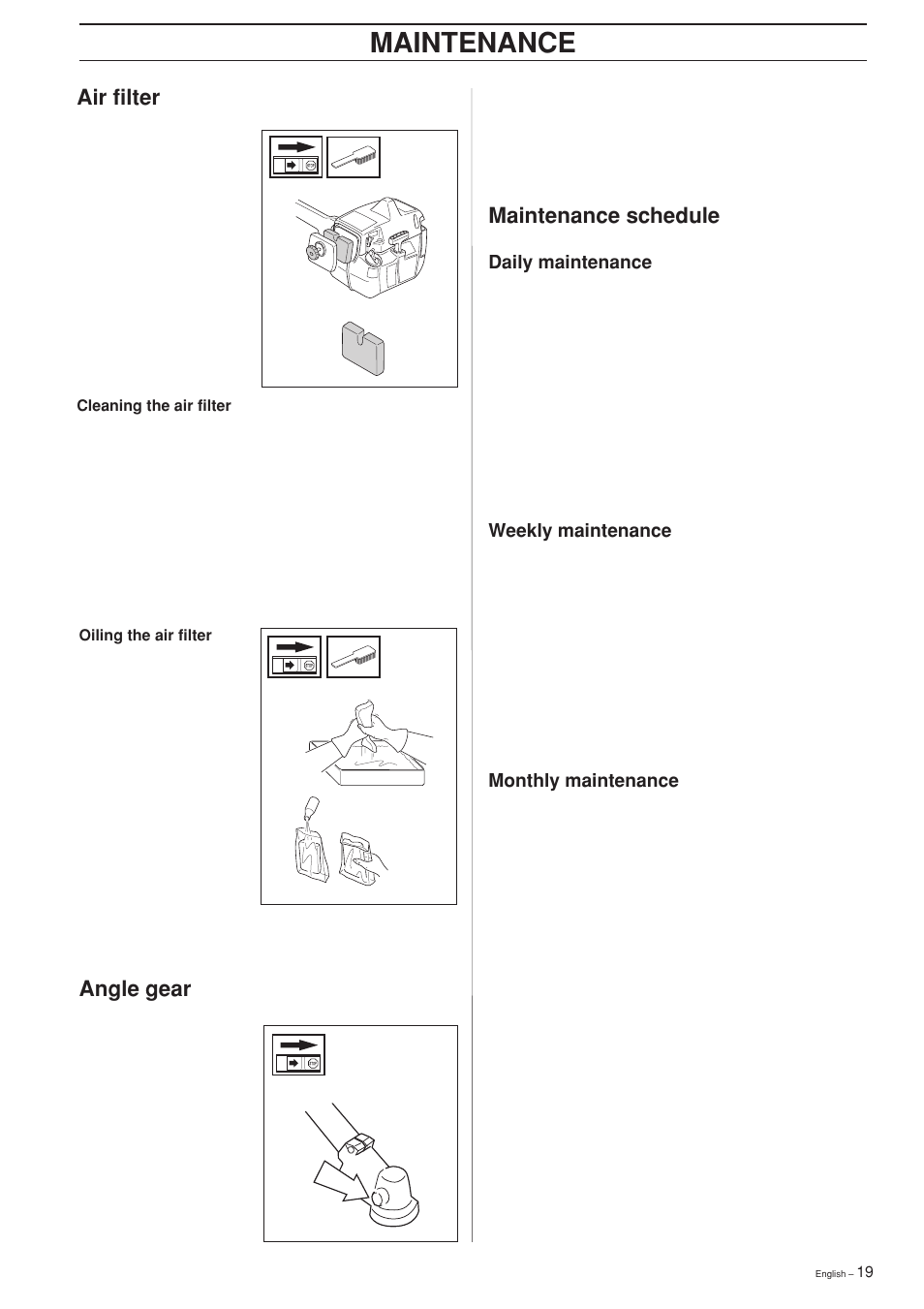 Maintenance schedule, Maintenance, Angle gear | Air filter | Husqvarna 232L User Manual | Page 19 / 32