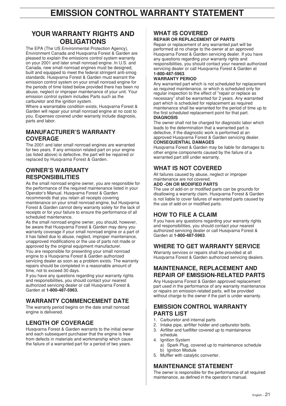 Emission control warranty statement, Your warranty rights and obligations | Husqvarna 232L User Manual | Page 21 / 32