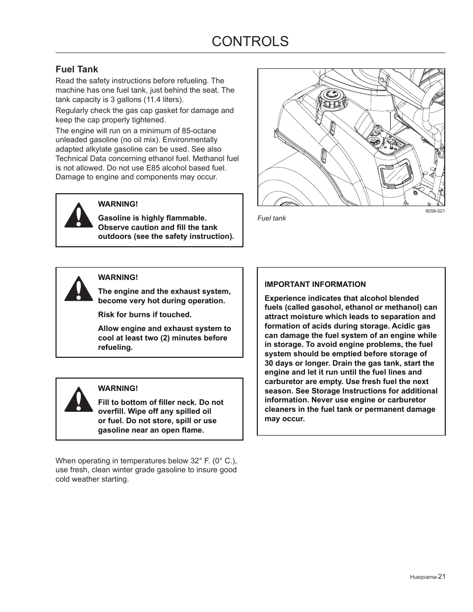 Fuel tank, Controls | Husqvarna 965881201 User Manual | Page 21 / 76