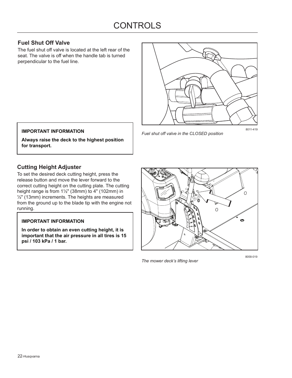 Fuel shut off valve, Cutting height adjuster, Controls | Husqvarna 965881201 User Manual | Page 22 / 76