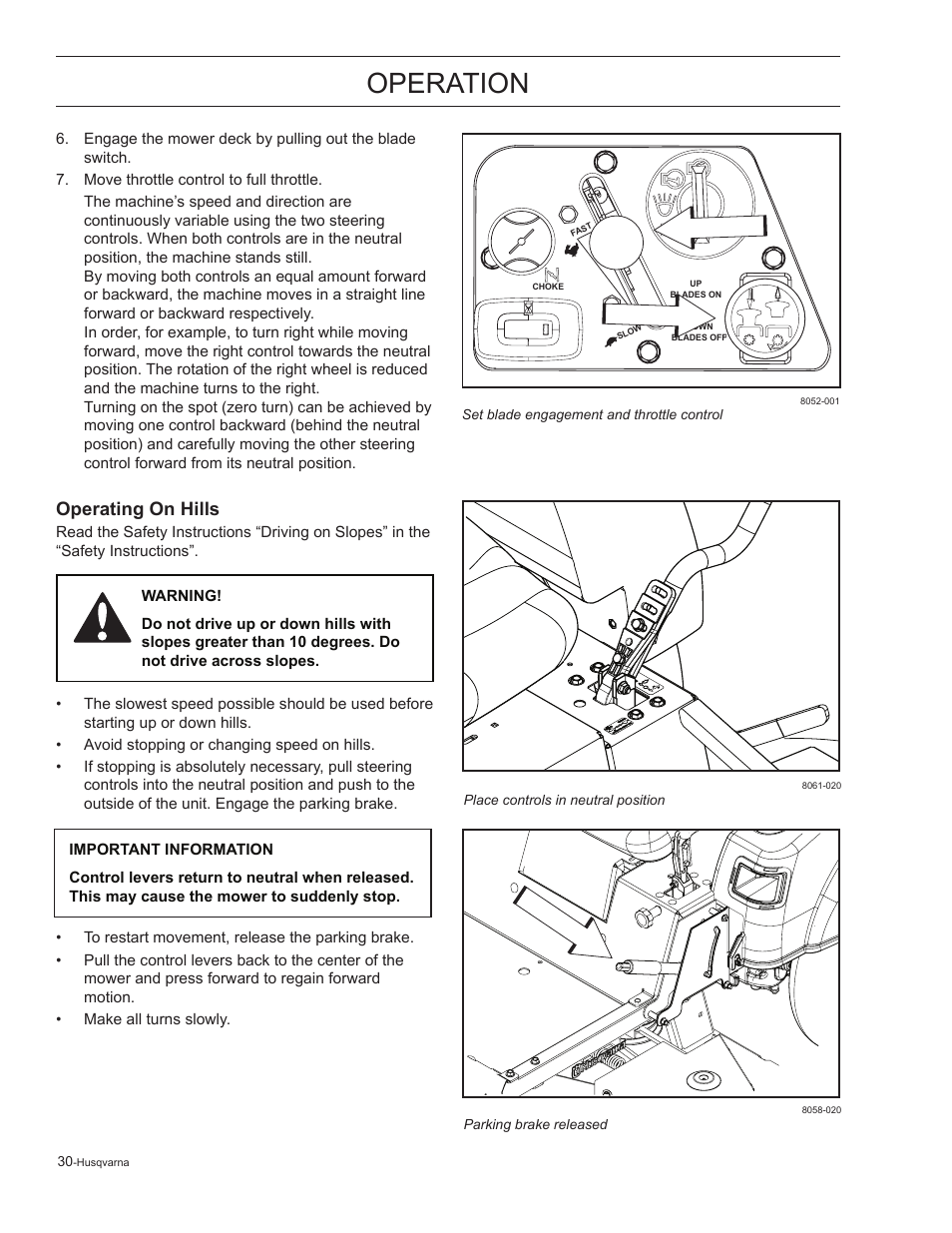 Operating on hills, Operation | Husqvarna 965881201 User Manual | Page 30 / 76