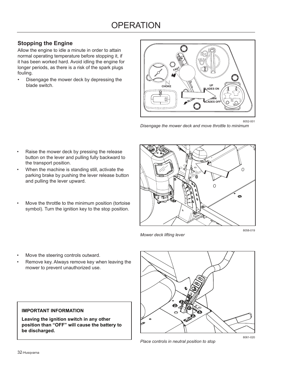 Stopping the engine, Operation | Husqvarna 965881201 User Manual | Page 32 / 76