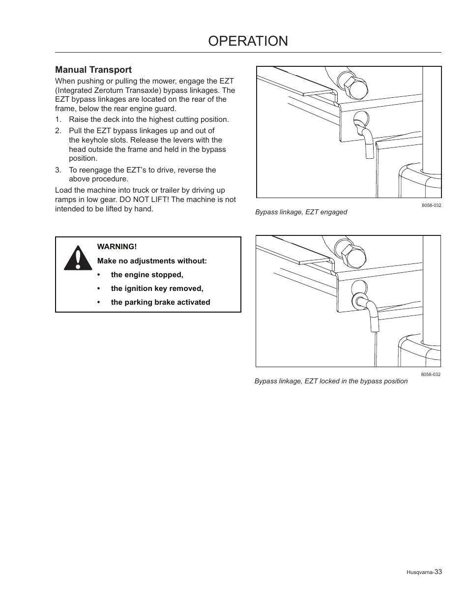 Manual transport, Operation | Husqvarna 965881201 User Manual | Page 33 / 76
