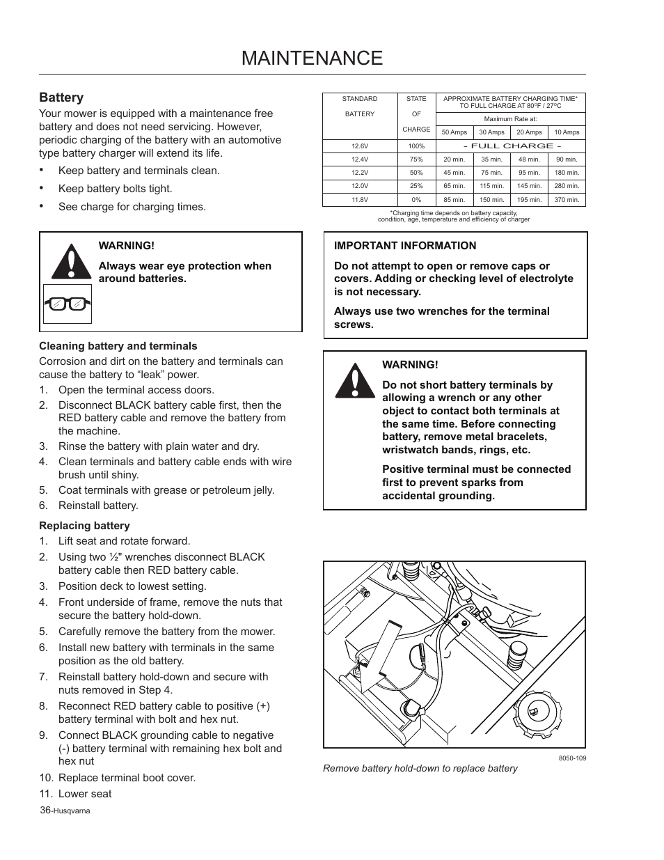 Battery, Maintenance | Husqvarna 965881201 User Manual | Page 36 / 76