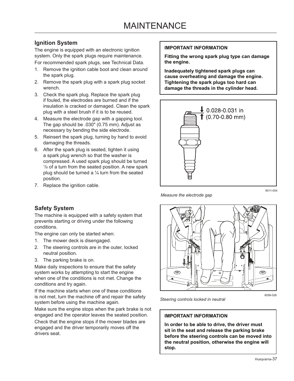 Ignition system, Safety system, Maintenance | Husqvarna 965881201 User Manual | Page 37 / 76