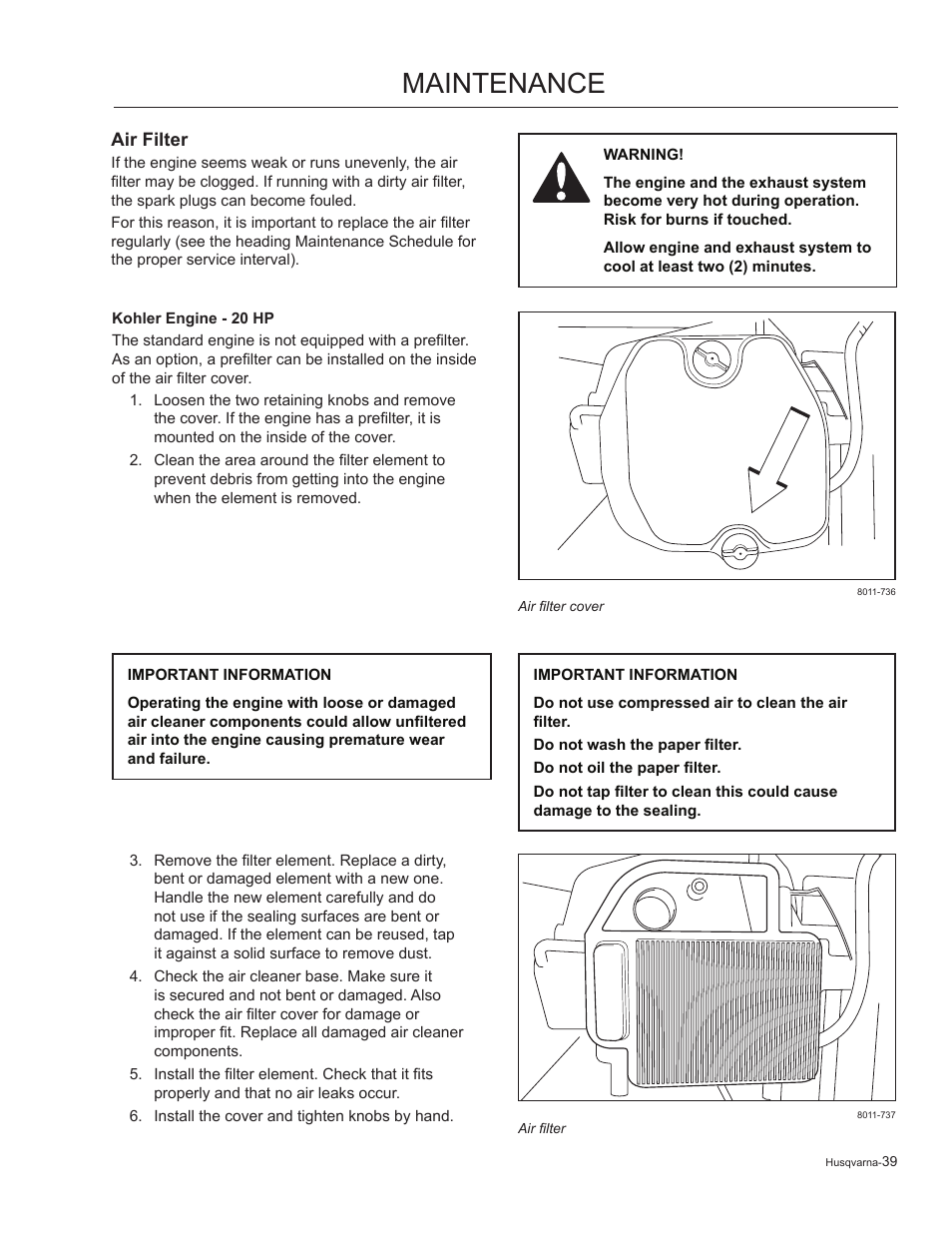 Air filter, Kohler engine - 20 hp, Maintenance | Husqvarna 965881201 User Manual | Page 39 / 76