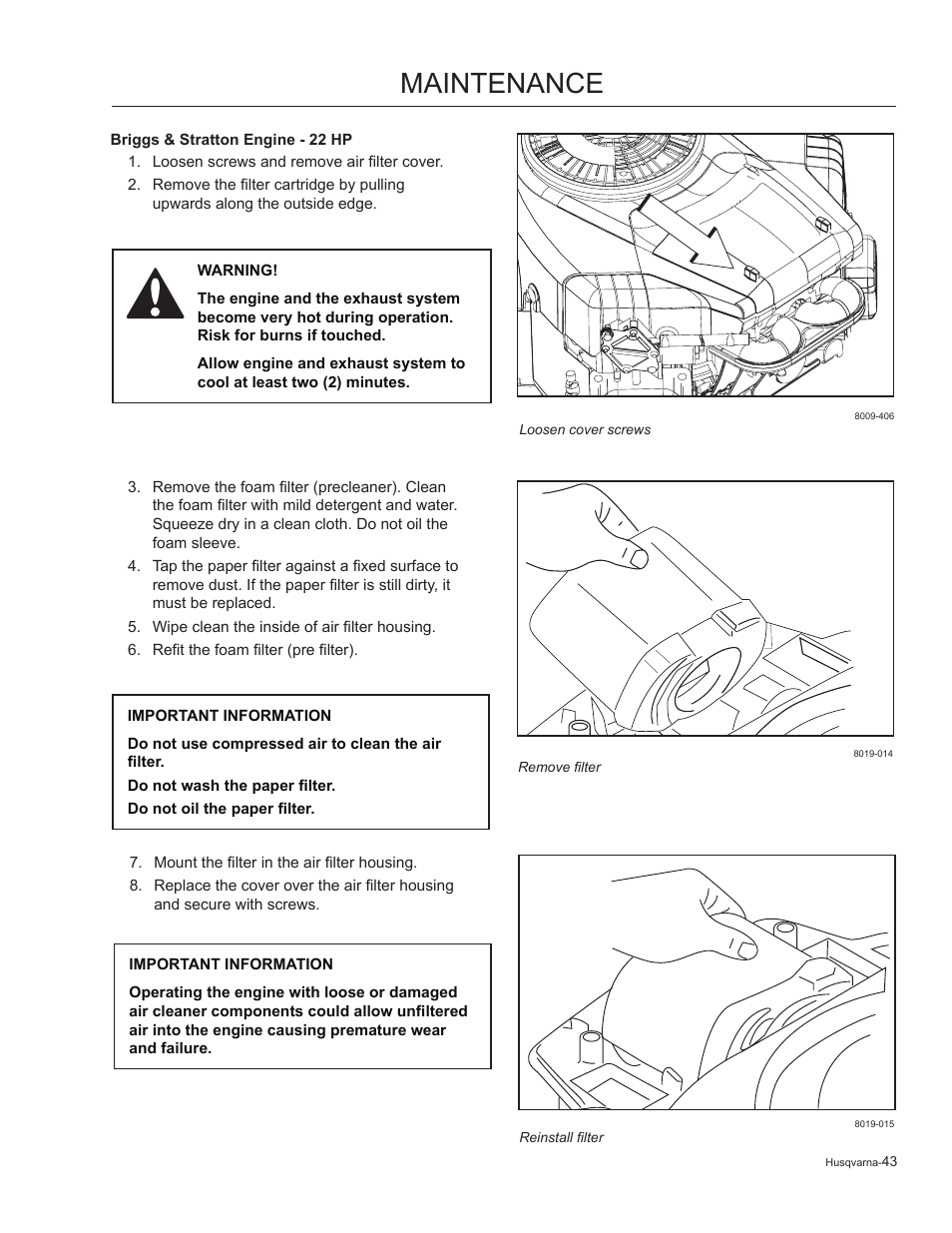 Briggs & stratton engine - 22 hp, Maintenance | Husqvarna 965881201 User Manual | Page 43 / 76