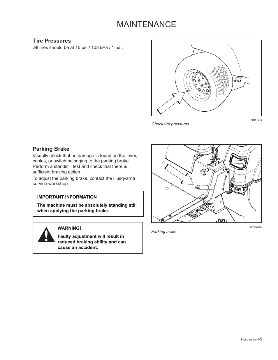Tire pressures, Parking brake, Maintenance | Husqvarna 965881201 User Manual | Page 45 / 76