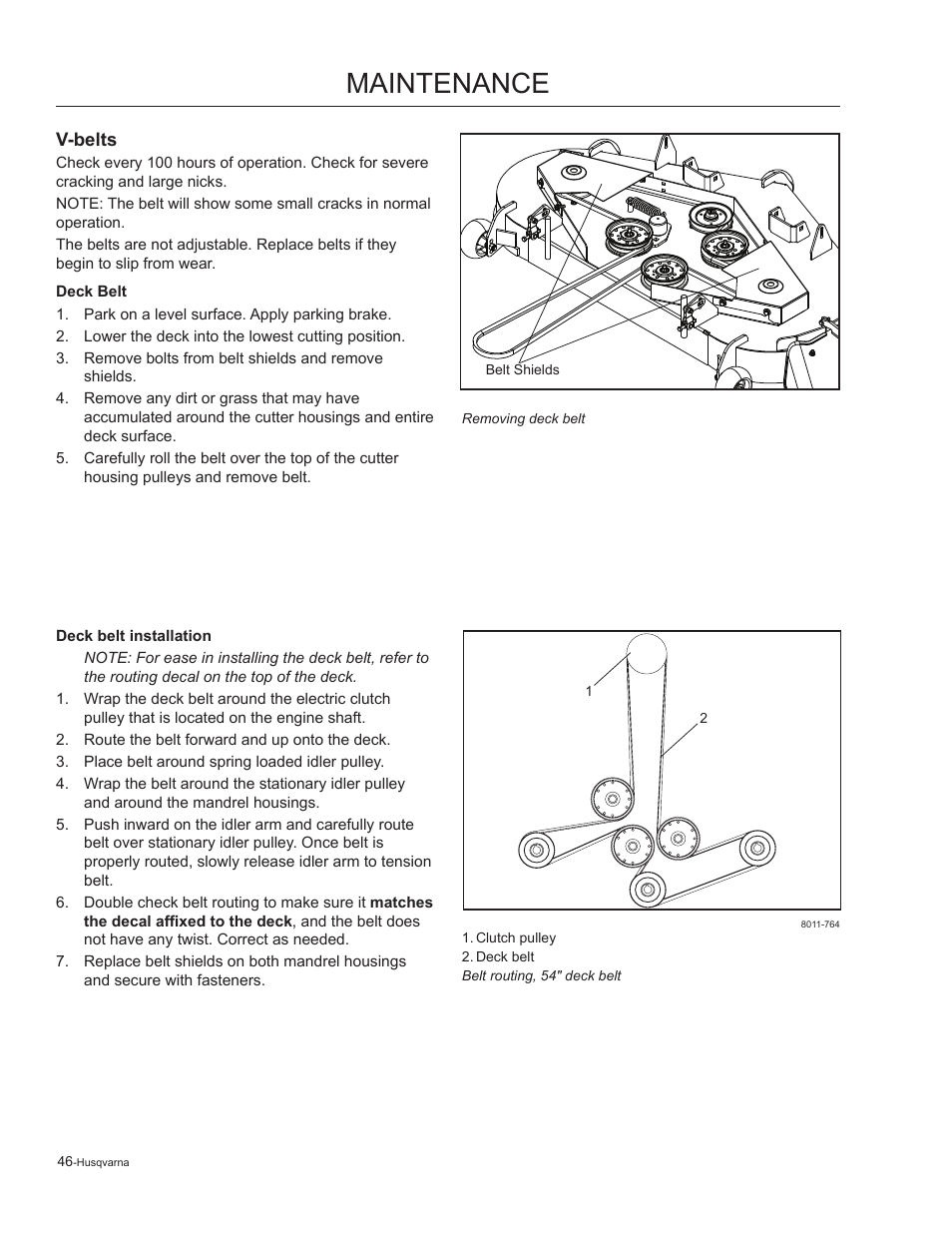 V-belts, Deck belt, Maintenance | Husqvarna 965881201 User Manual | Page 46 / 76