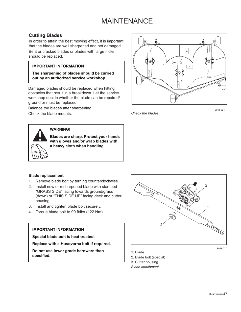 Cutting blades, Blade replacement, Maintenance | Husqvarna 965881201 User Manual | Page 47 / 76