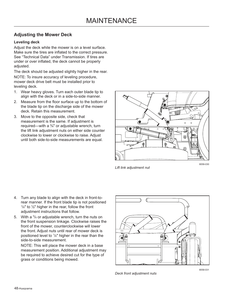 Adjusting the mower deck, Leveling deck, Maintenance | Husqvarna 965881201 User Manual | Page 48 / 76