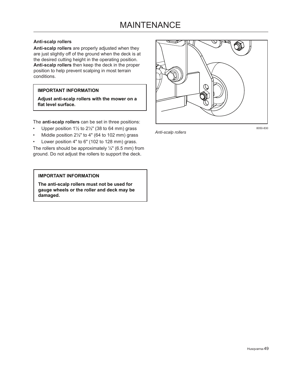 Anti-scalp rollers, Maintenance | Husqvarna 965881201 User Manual | Page 49 / 76