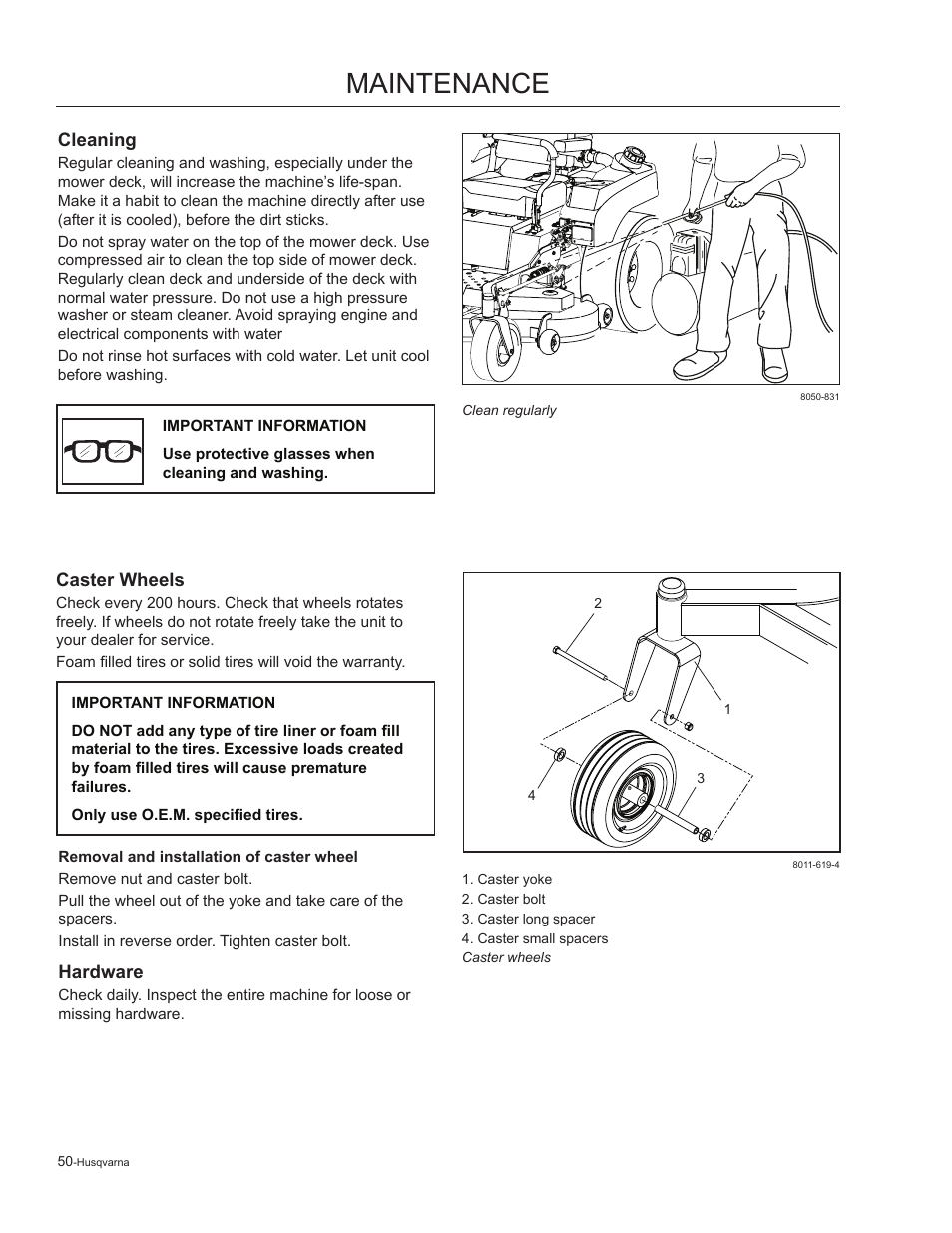 Cleaning, Caster wheels, Hardware | Maintenance | Husqvarna 965881201 User Manual | Page 50 / 76