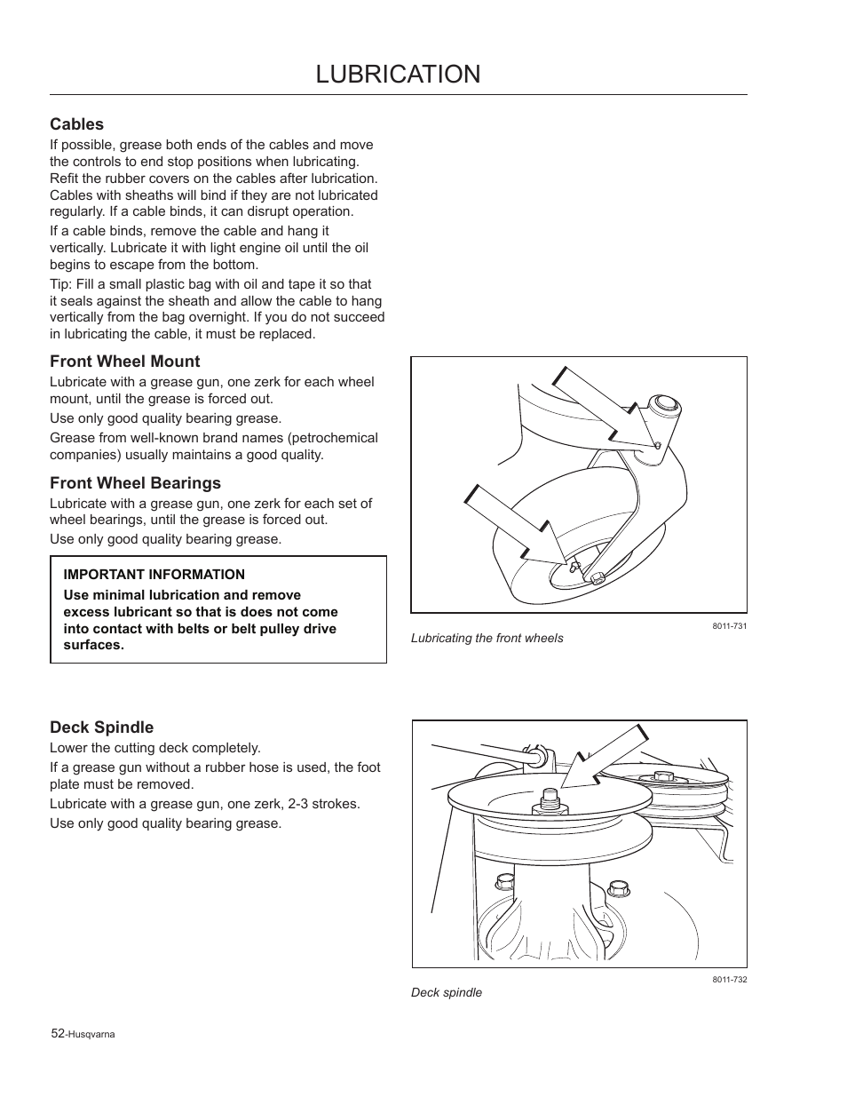 Cables, Front wheel mount, Front wheel bearings | Deck spindle, Lubrication | Husqvarna 965881201 User Manual | Page 52 / 76