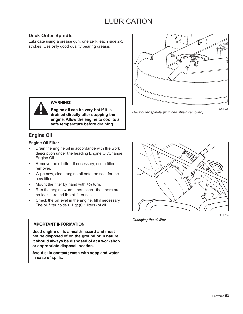 Deck outer spindle, Engine oil, Lubrication | Husqvarna 965881201 User Manual | Page 53 / 76