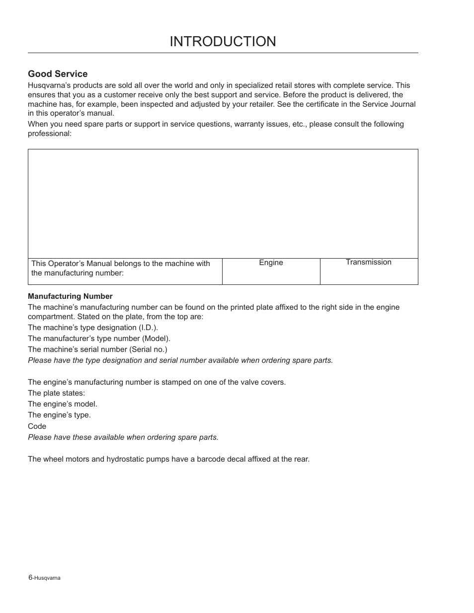 Good service, Manufacturing number, Introduction | Husqvarna 965881201 User Manual | Page 6 / 76