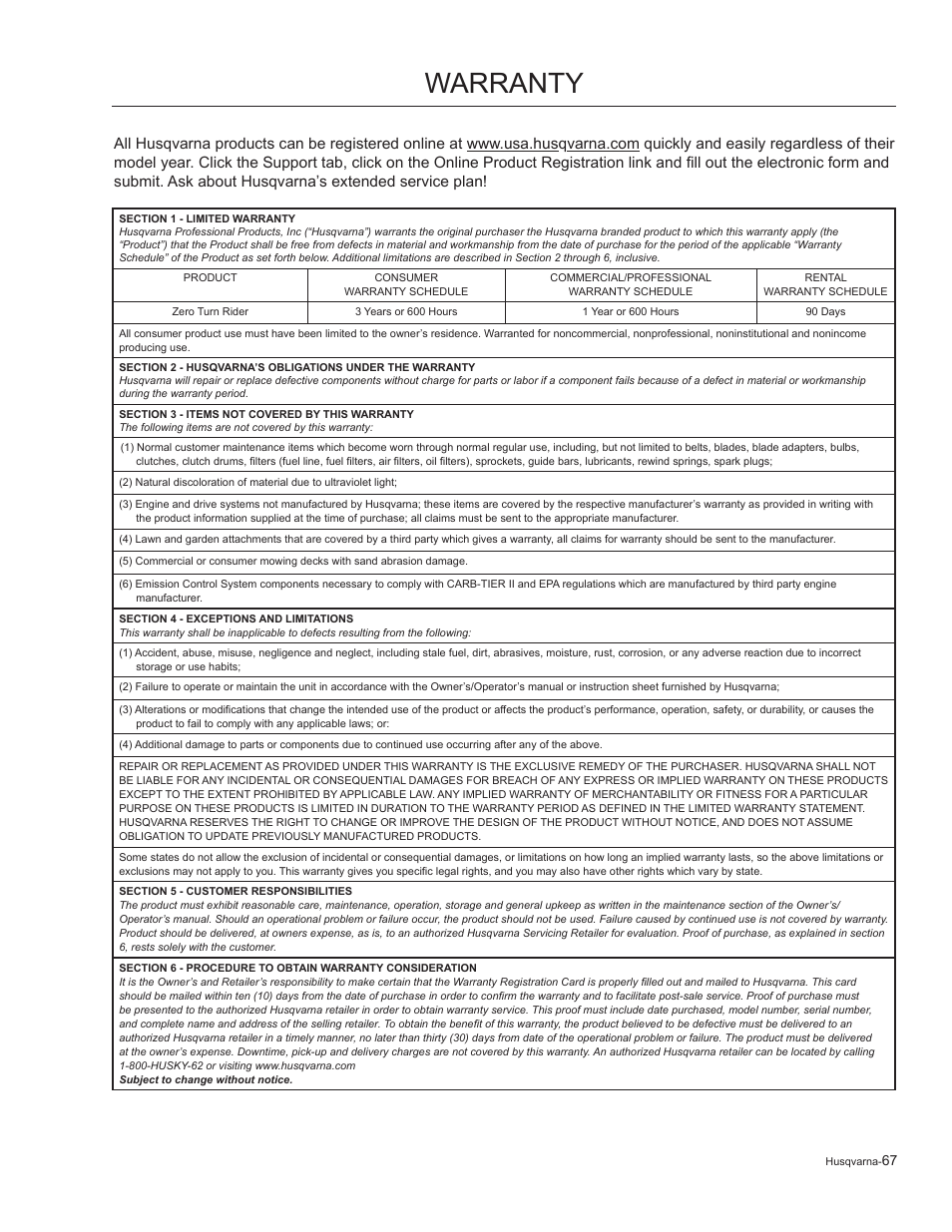 Warranty | Husqvarna 965881201 User Manual | Page 67 / 76