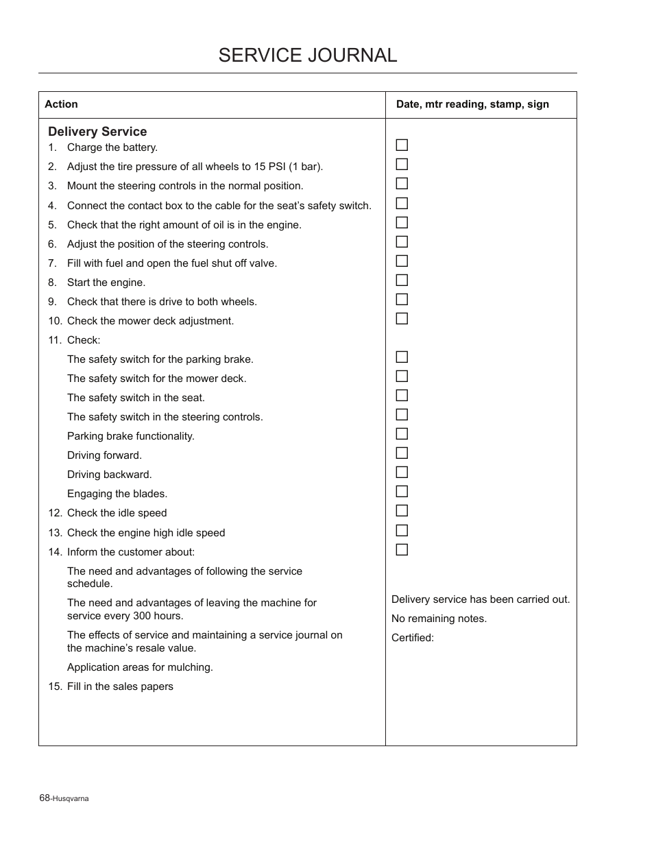 Service journal | Husqvarna 965881201 User Manual | Page 68 / 76