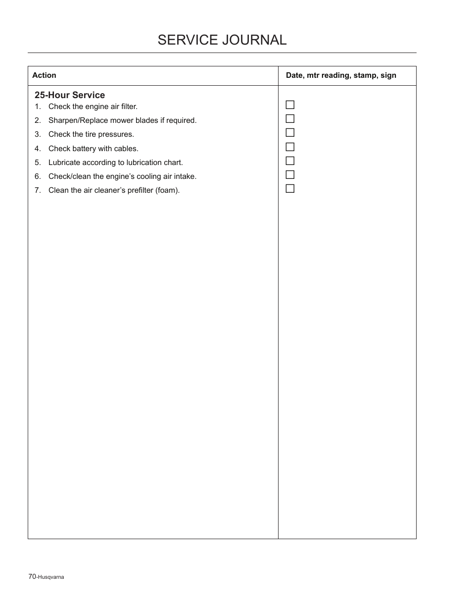 Service journal | Husqvarna 965881201 User Manual | Page 70 / 76