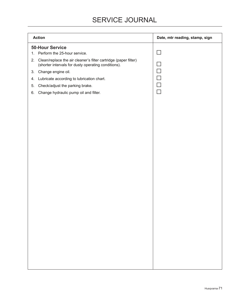 Service journal | Husqvarna 965881201 User Manual | Page 71 / 76