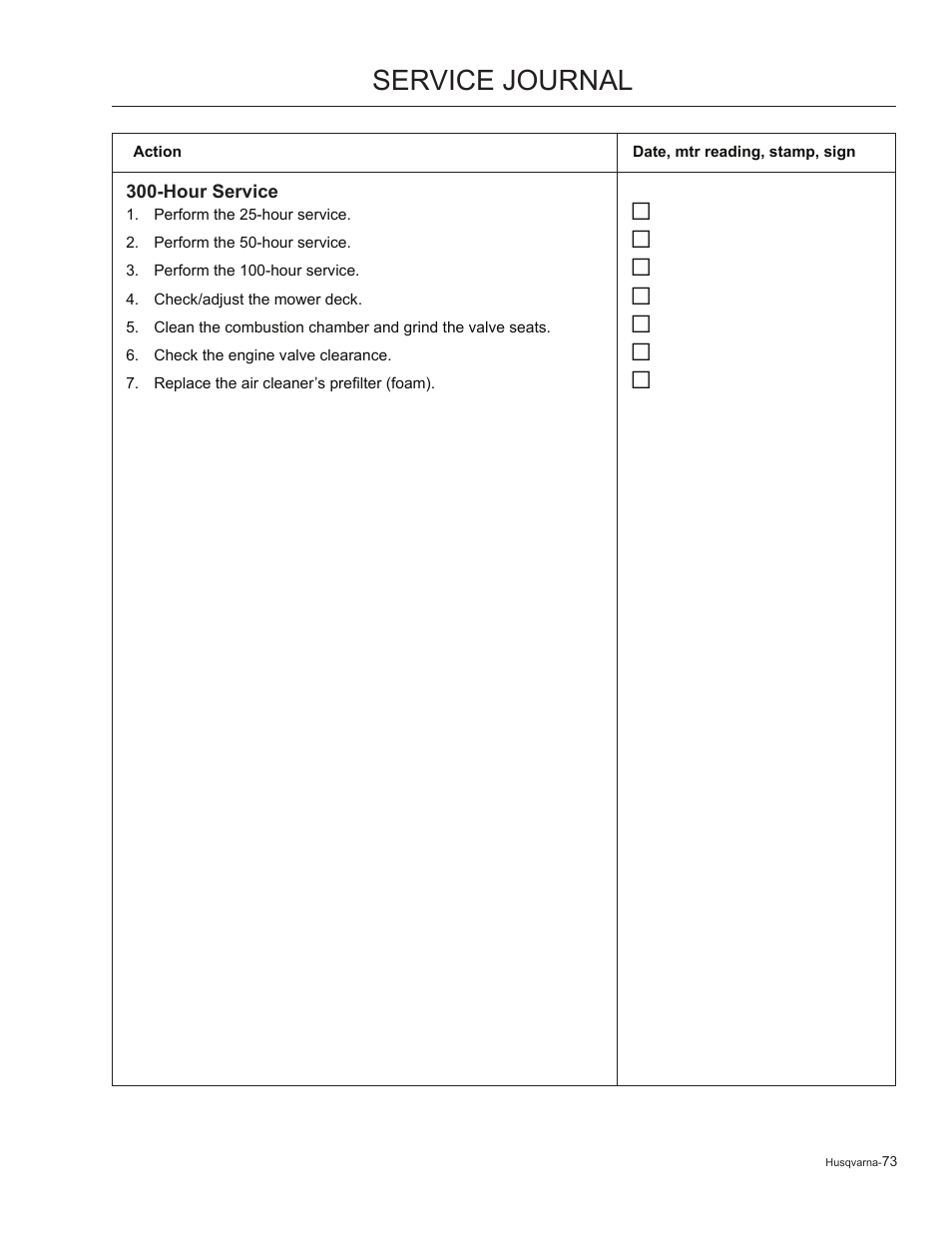 Service journal | Husqvarna 965881201 User Manual | Page 73 / 76